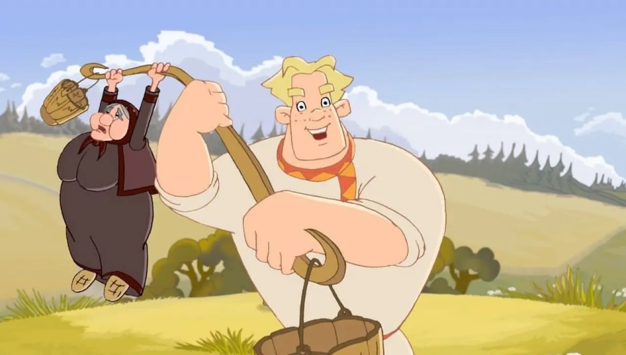 Алёша Попович размахивает коромыслом